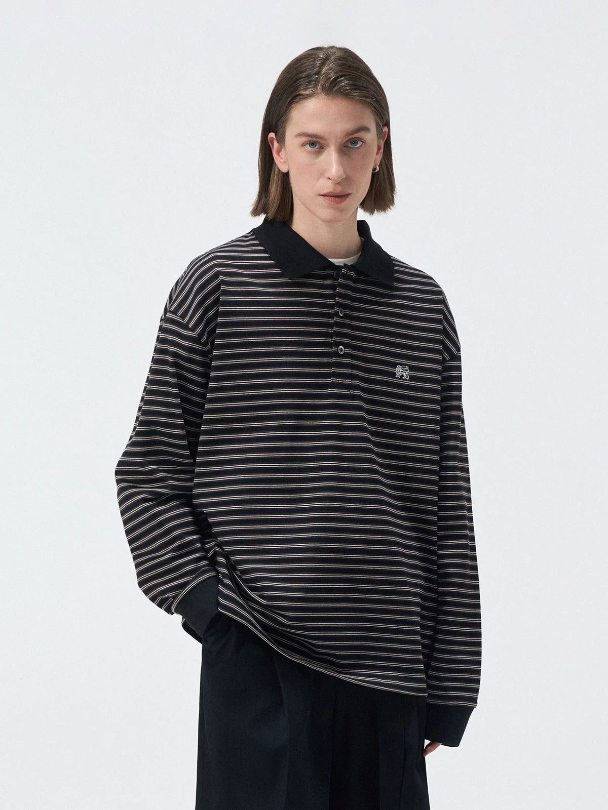 Striped Embroidered Long Sleeve Polo Tee