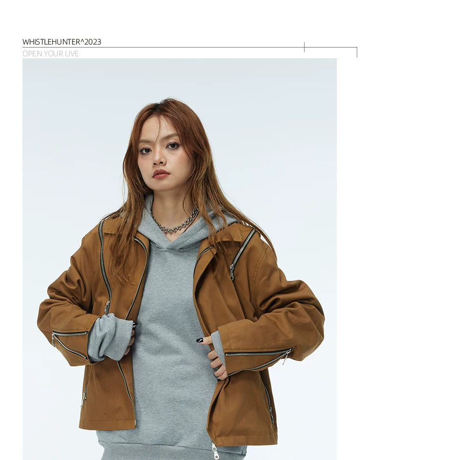 Unisex Two-Tone Irregular Short Multi-Zip Jackets