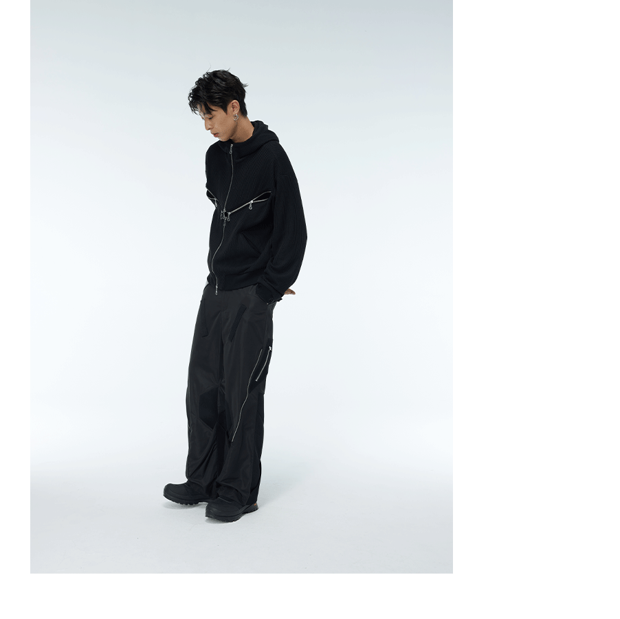Two-Tone Cross Zip Hooded Turtleneck Cardigan