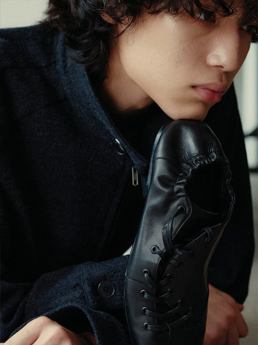 Pleated Lace-Up Full Grain Leather Shoes