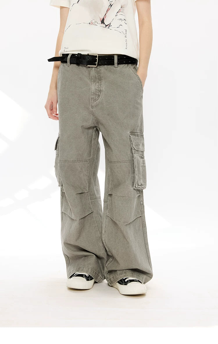 Washed Printed French Blue Cargo Pants