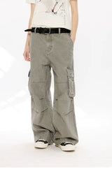 Washed Printed French Blue Cargo Pants