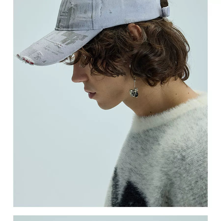 White Distressed Printed Long Brim Cap