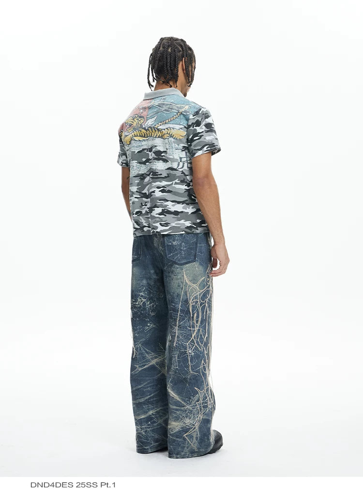 Ripped Spider Embroidered Straight Jeans