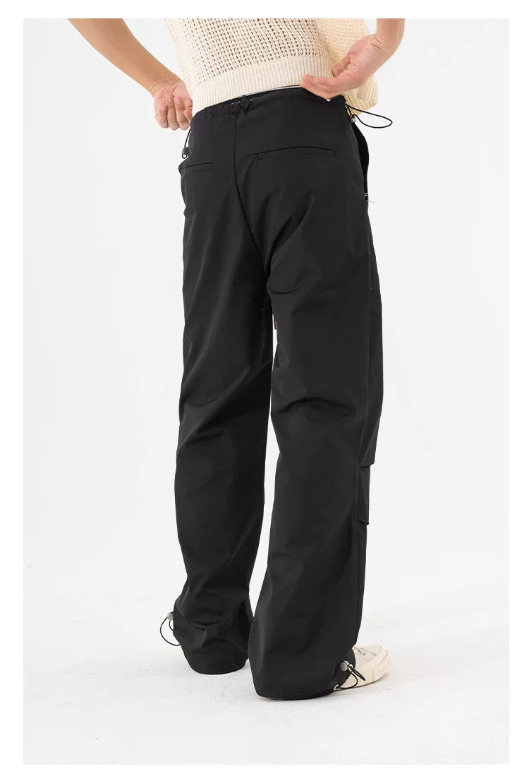 Black Khaki Drawstring Wide Leg Pants