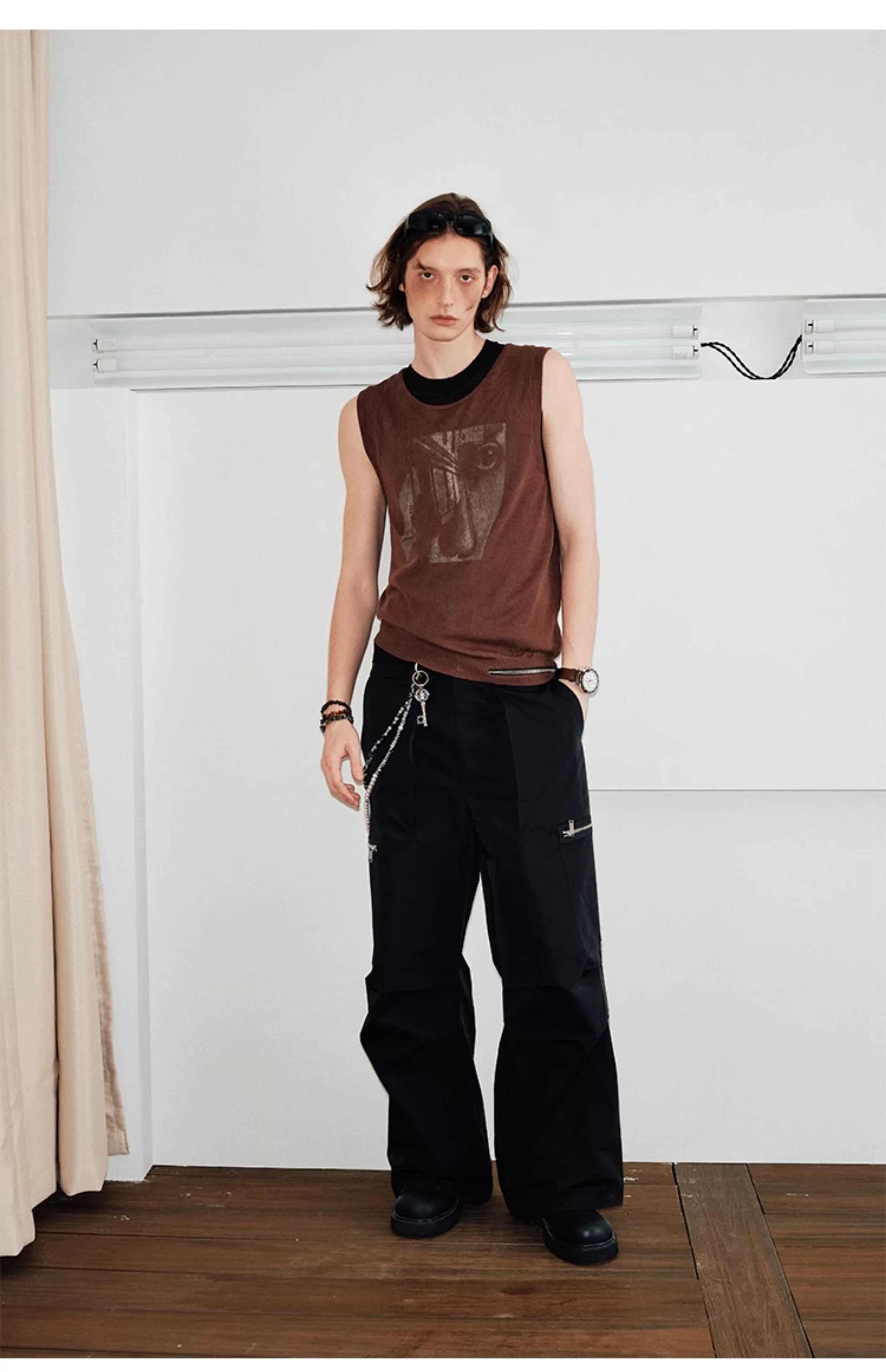 Men's Sleeveless Printed Linen-like Zip Vest