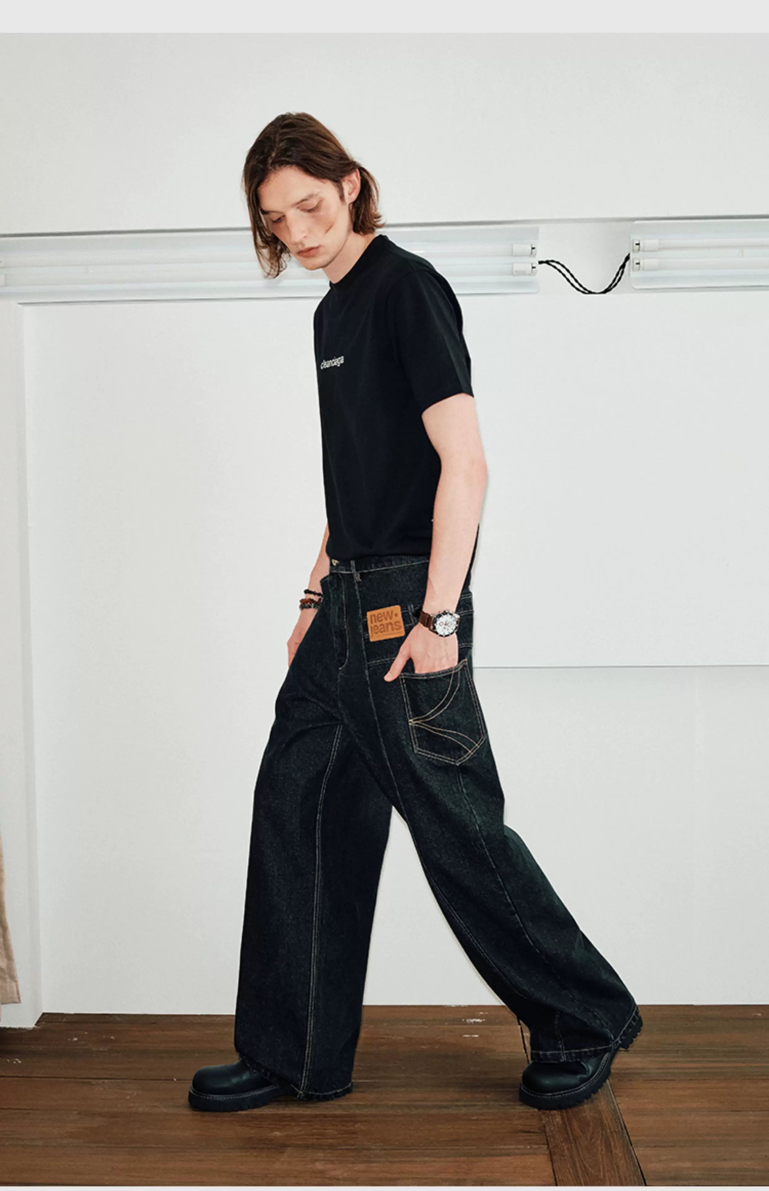 Men's Color-block Loose Raw Denim Jeans