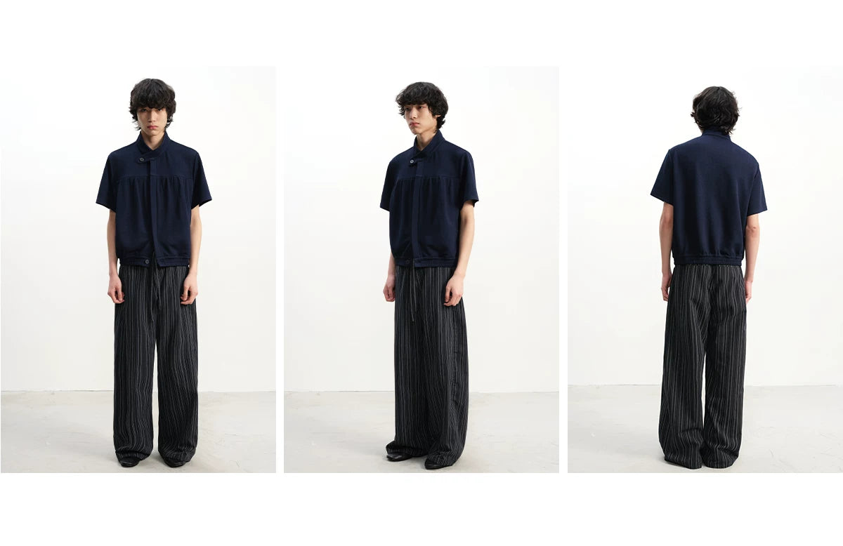Navy Blue Pleated Short Sleeve Shirt