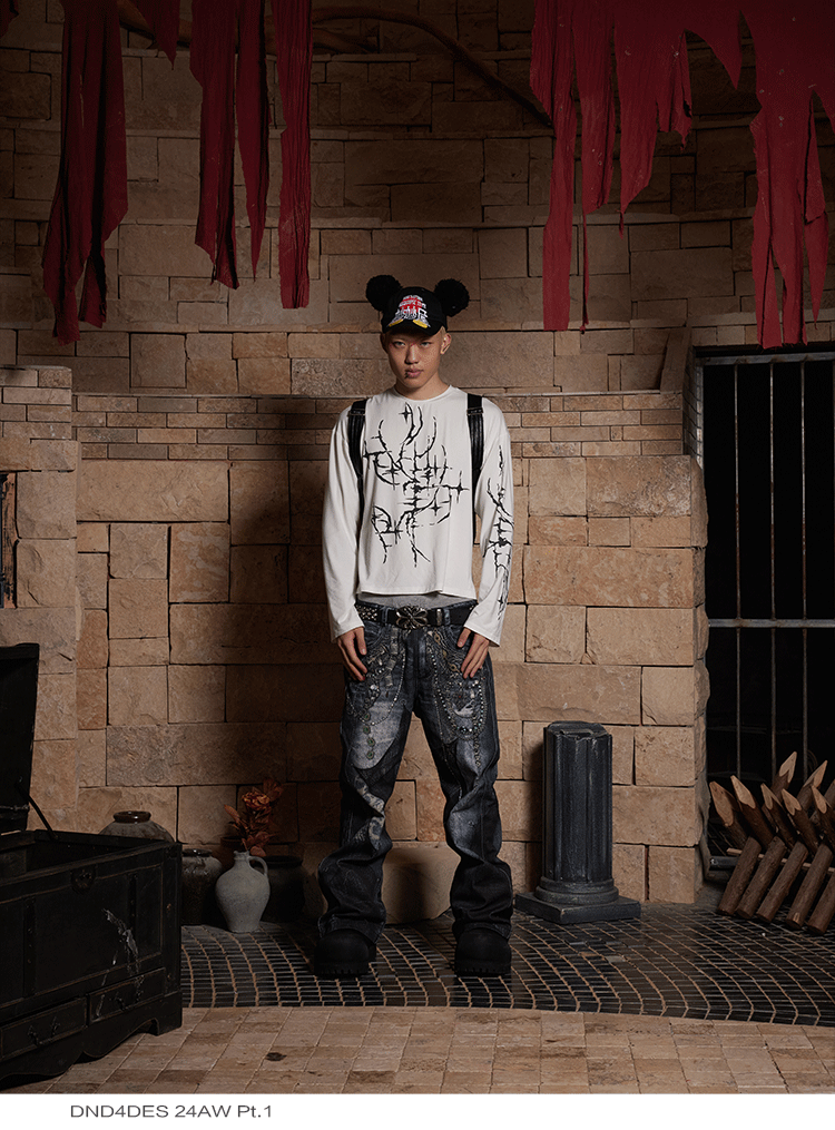 Digital Print Chain Lace Flared Pants
