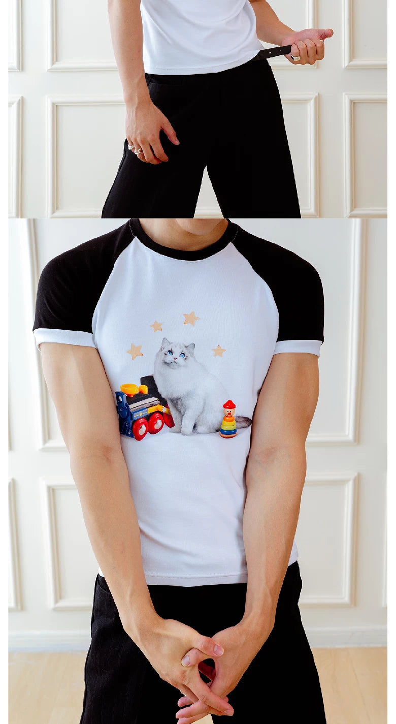 Vintage Cat Print Raglan Tee