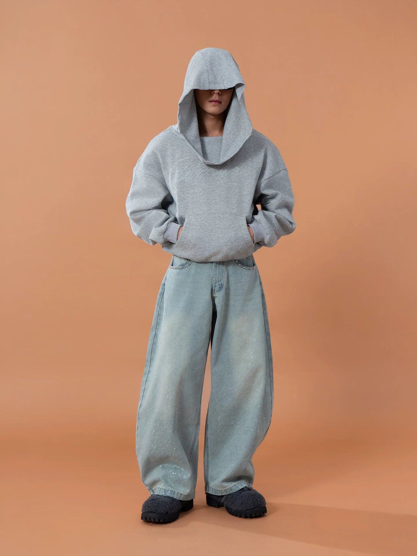 Grey Blue Unisex Letter Print Hoodie