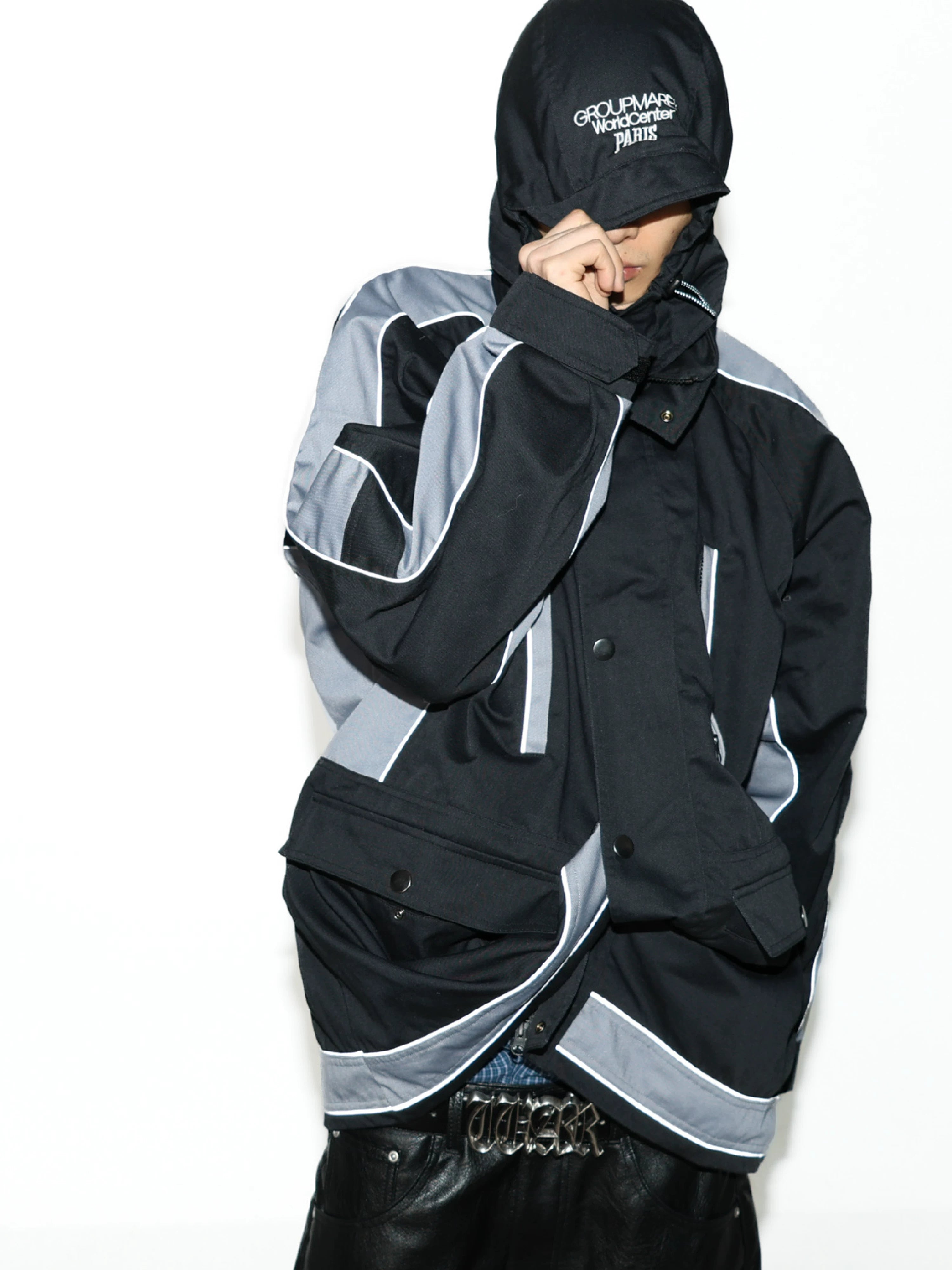 Black Patchwork Embroidered Mid-length Parka