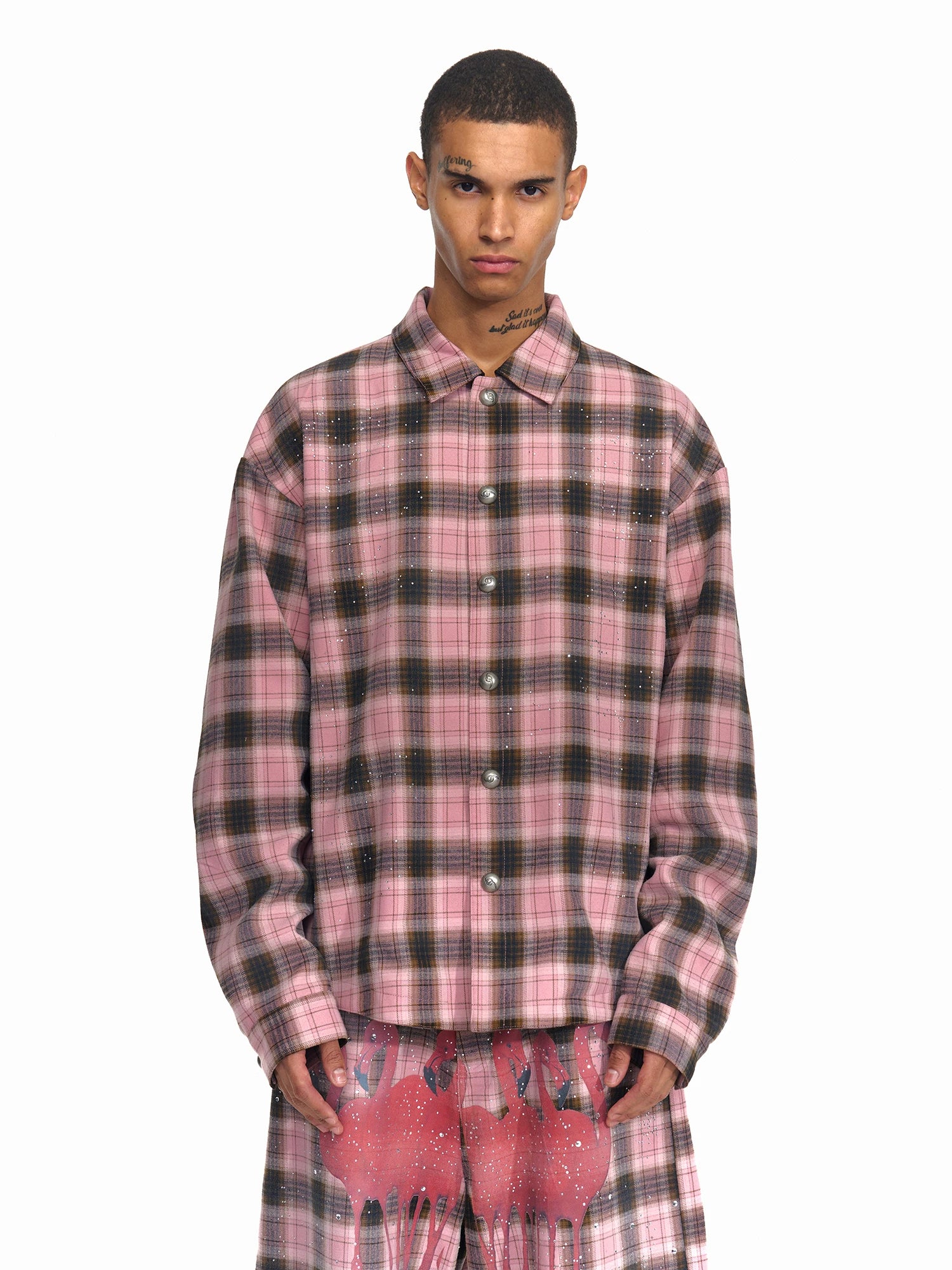 Men's Pink Plaid Flamingo Rhinestone Jacket