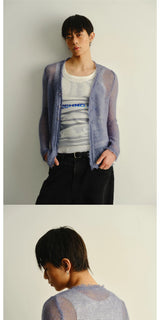 Frayed Slim Cutout Deep V-Neck Cardigan