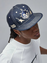 Embroidered Flat-Brim Denim Baseball Cap