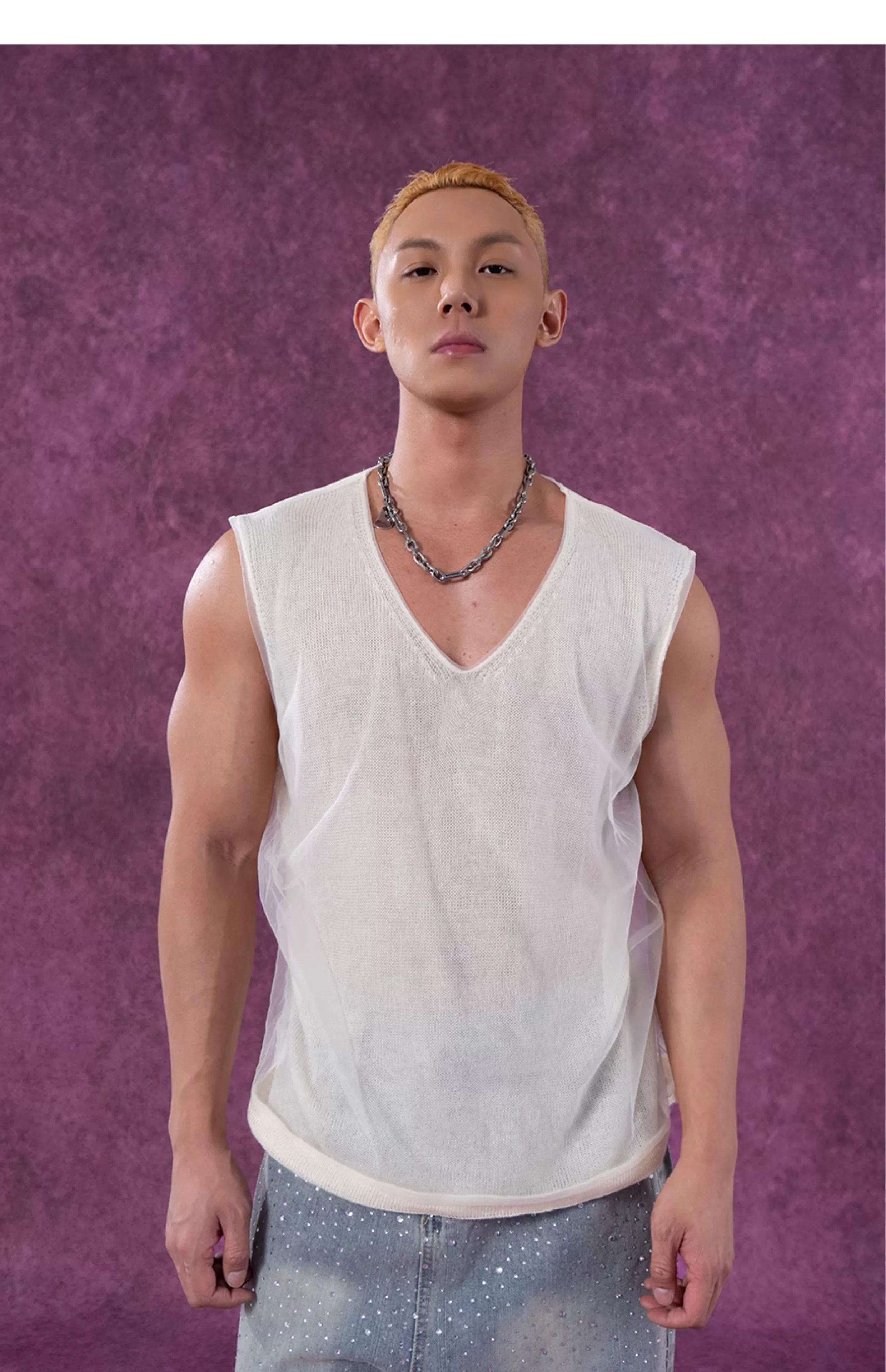 Ash Beige Double V-Neck Knit-Mesh Vest
