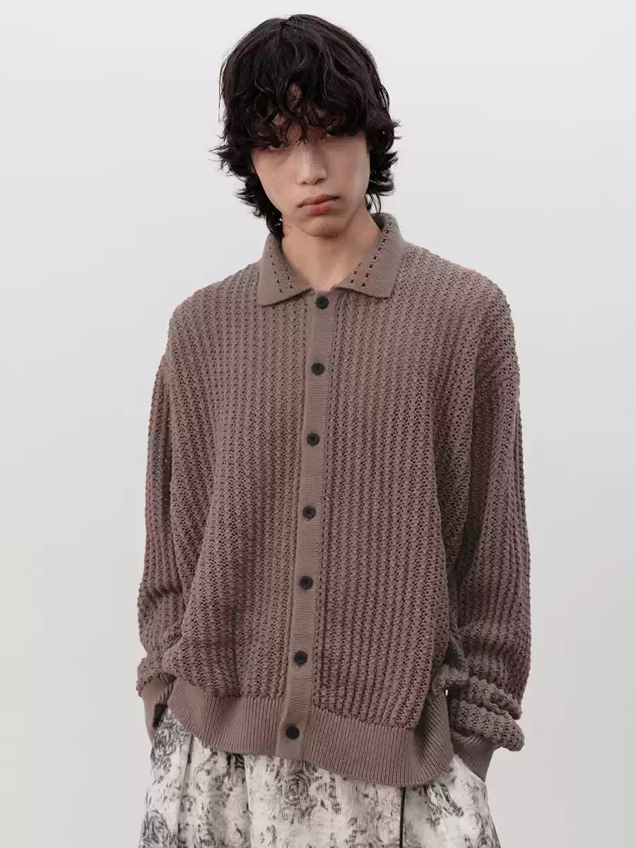 Pick Stitch Polo Collar Knitted Cardigan