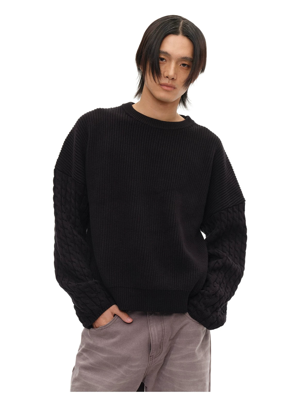 Cable Knit Cotton Drop Shoulder Sweater