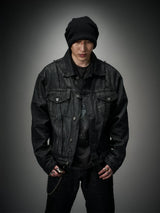 Dark Distressed Patchwork Relaxed Denim Jacket