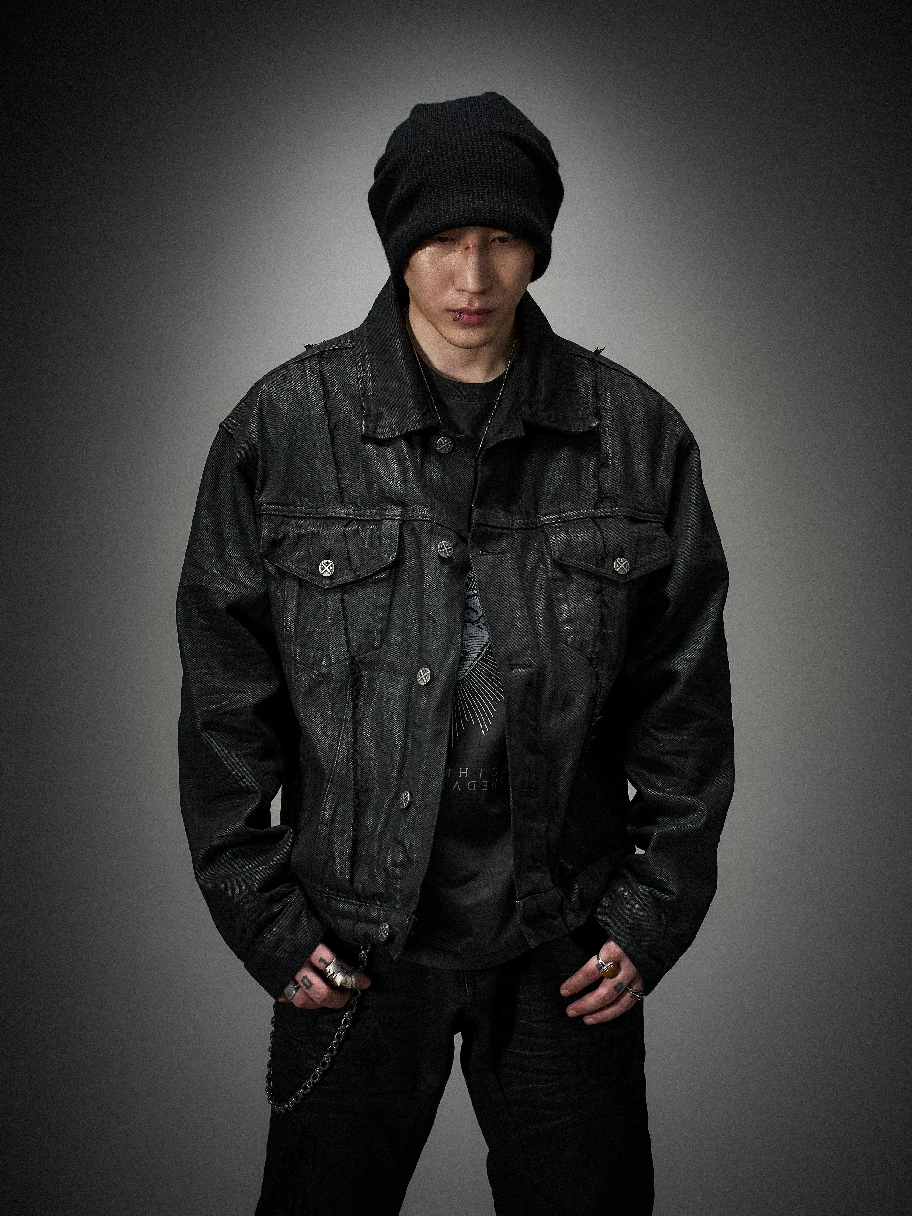 Dark Distressed Patchwork Relaxed Denim Jacket