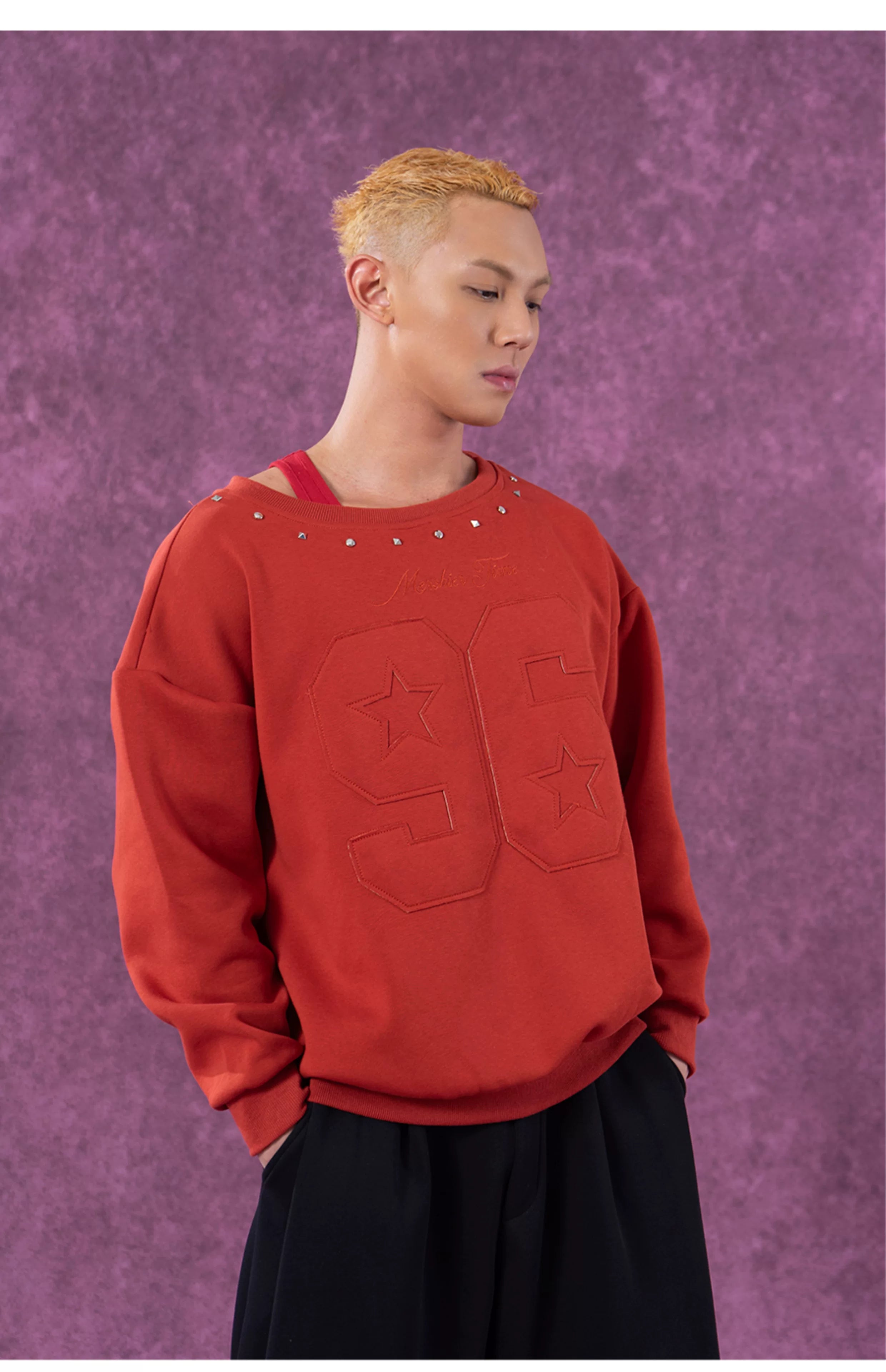 Men's Grey Red Patched Rivet Hoodies