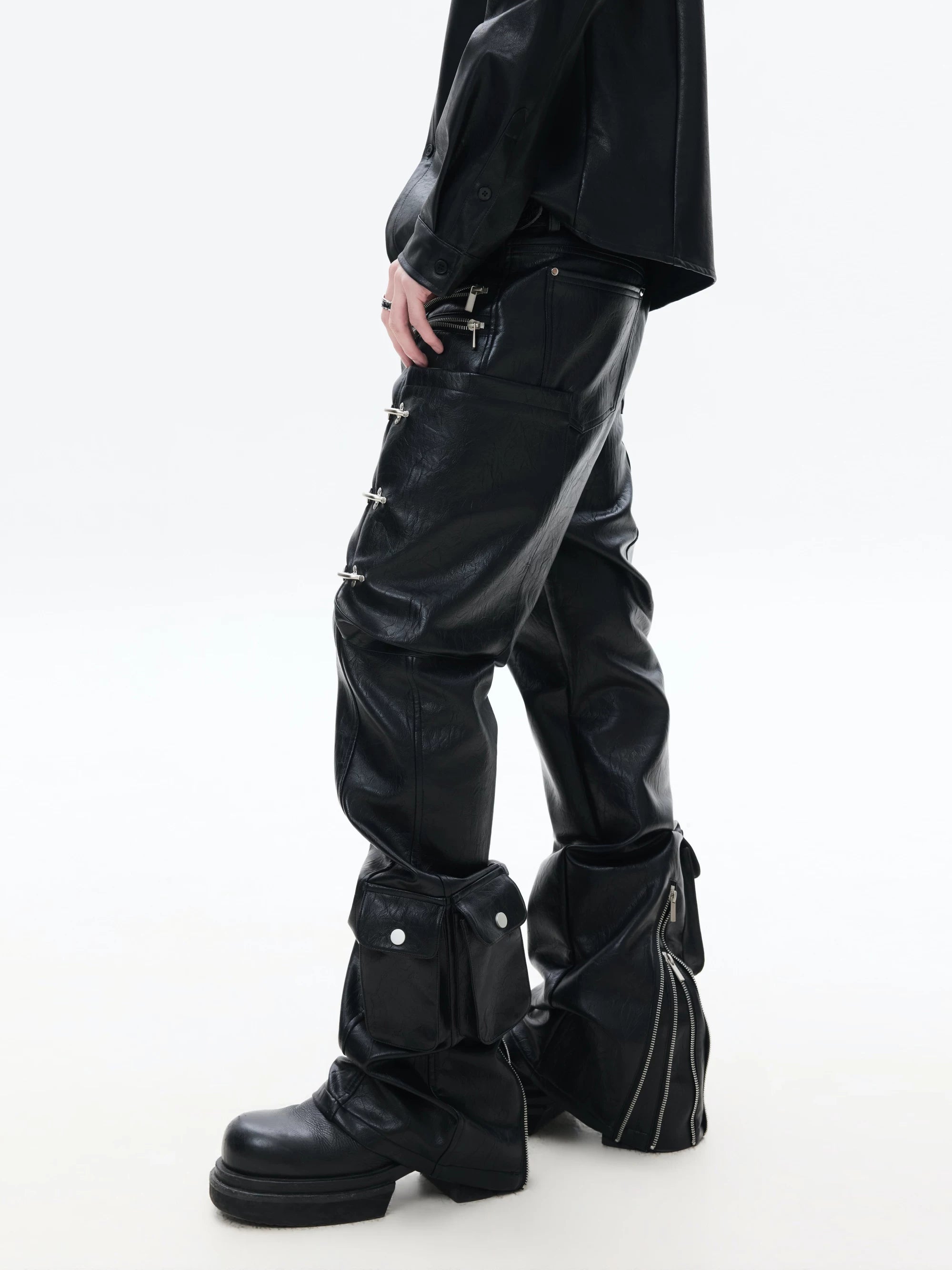Zippered Flared Leather Casual Pants