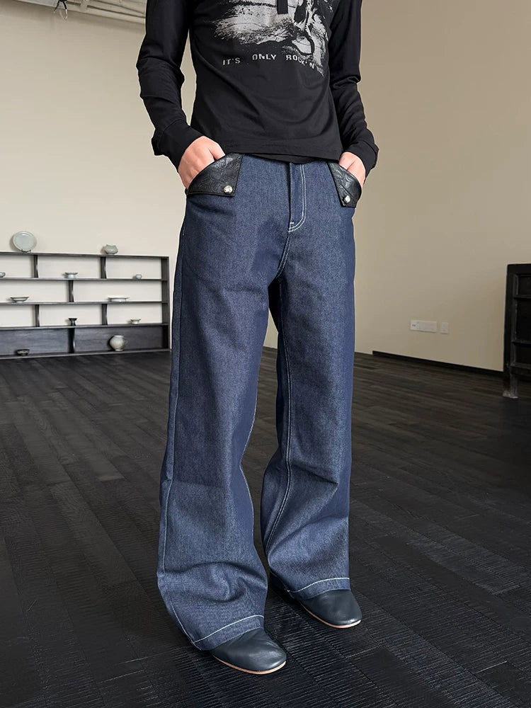 Navy Embossed PU Patchwork Flared Jeans
