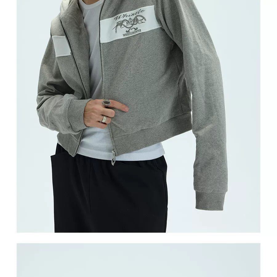Two-Tone Cotton Embroidered Crop Zip Hoodie