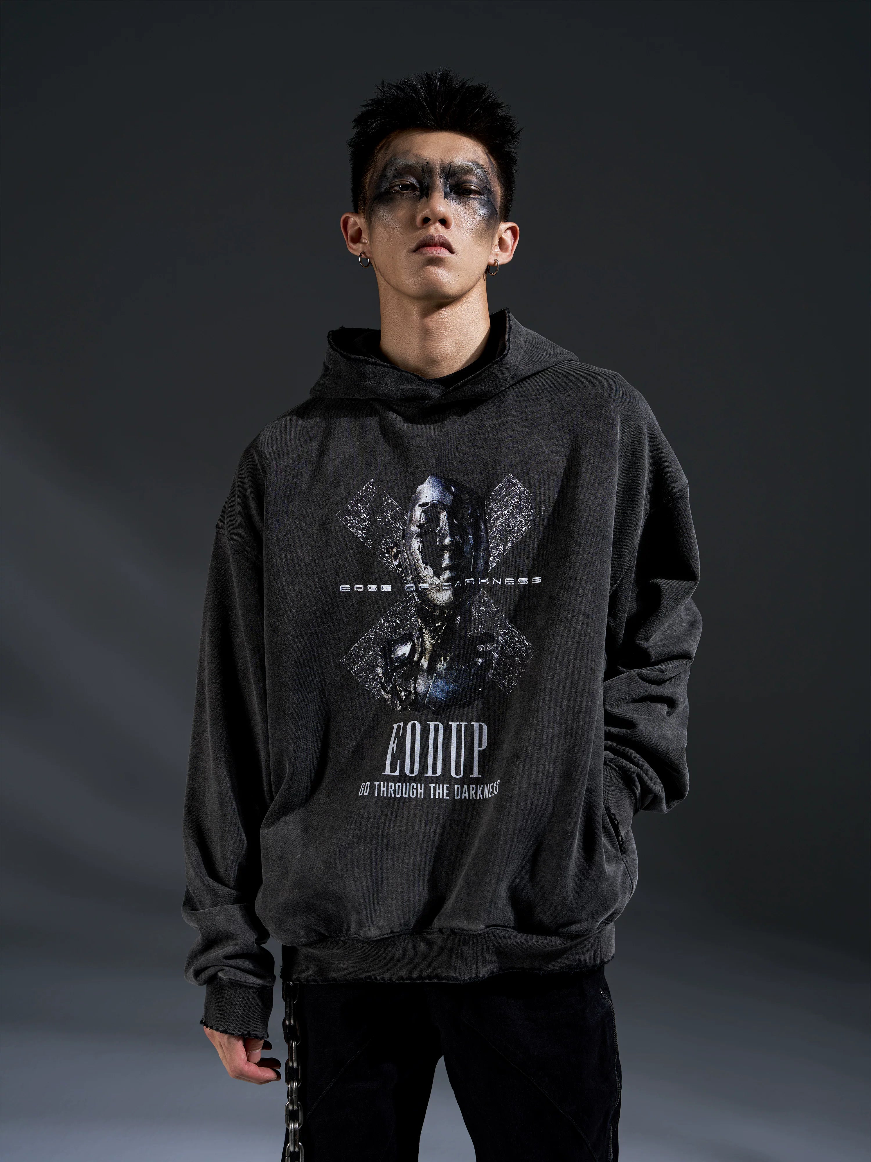 Loose Distressed Dark Metallic Print Sweatshirt