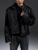 Dark Zip-Up Padded Biker Leather Jacket