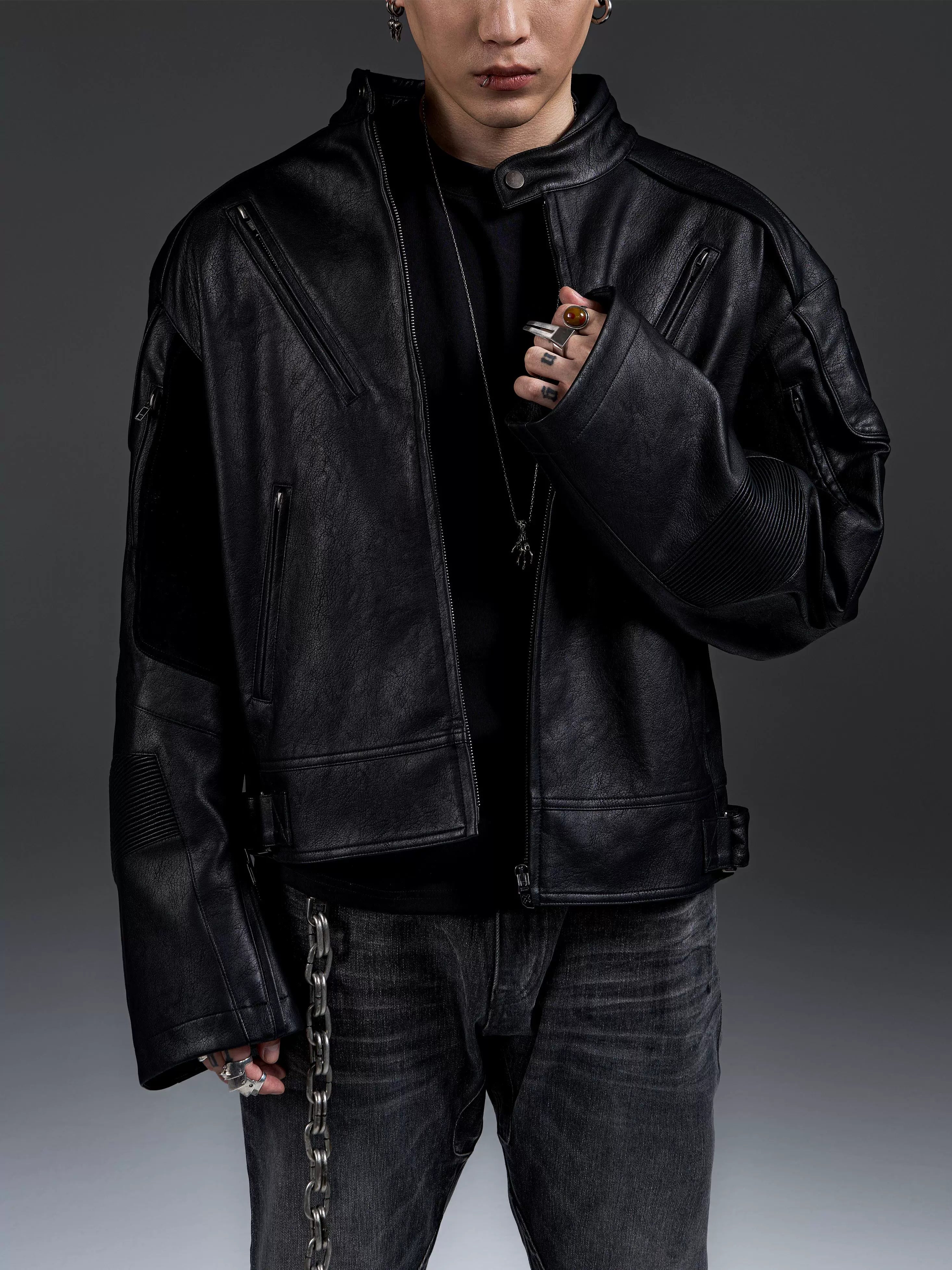 Dark Zip-Up Padded Biker Leather Jacket