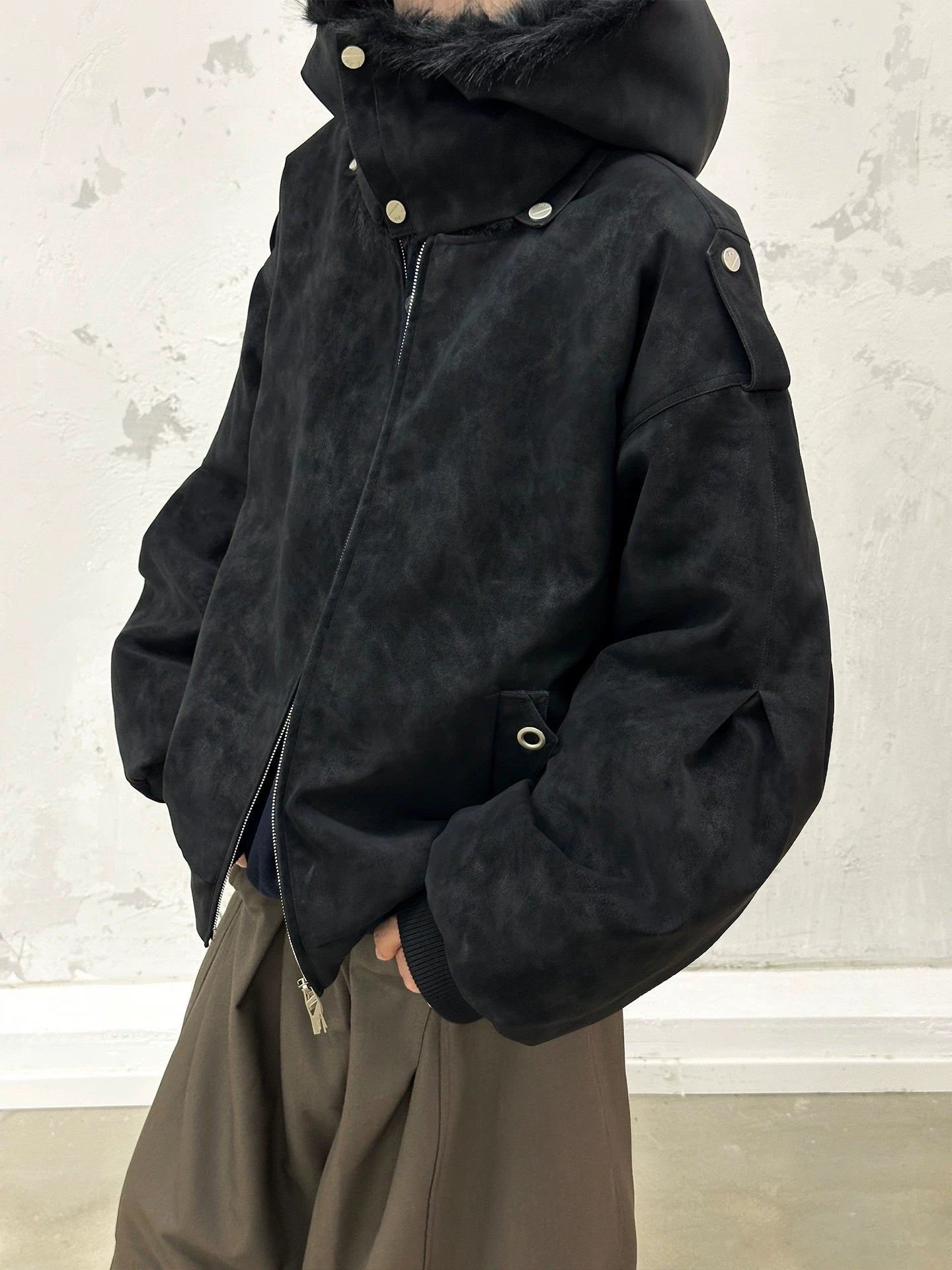 Detachable Scarf Hooded Frosted Leather Coat