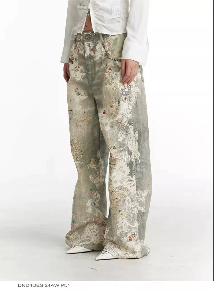 Vintage Digital Lace Print Flare Jeans