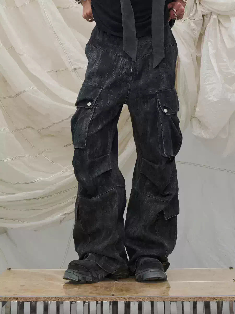 Washed Pleated Adjustable Strap Parachute Pants