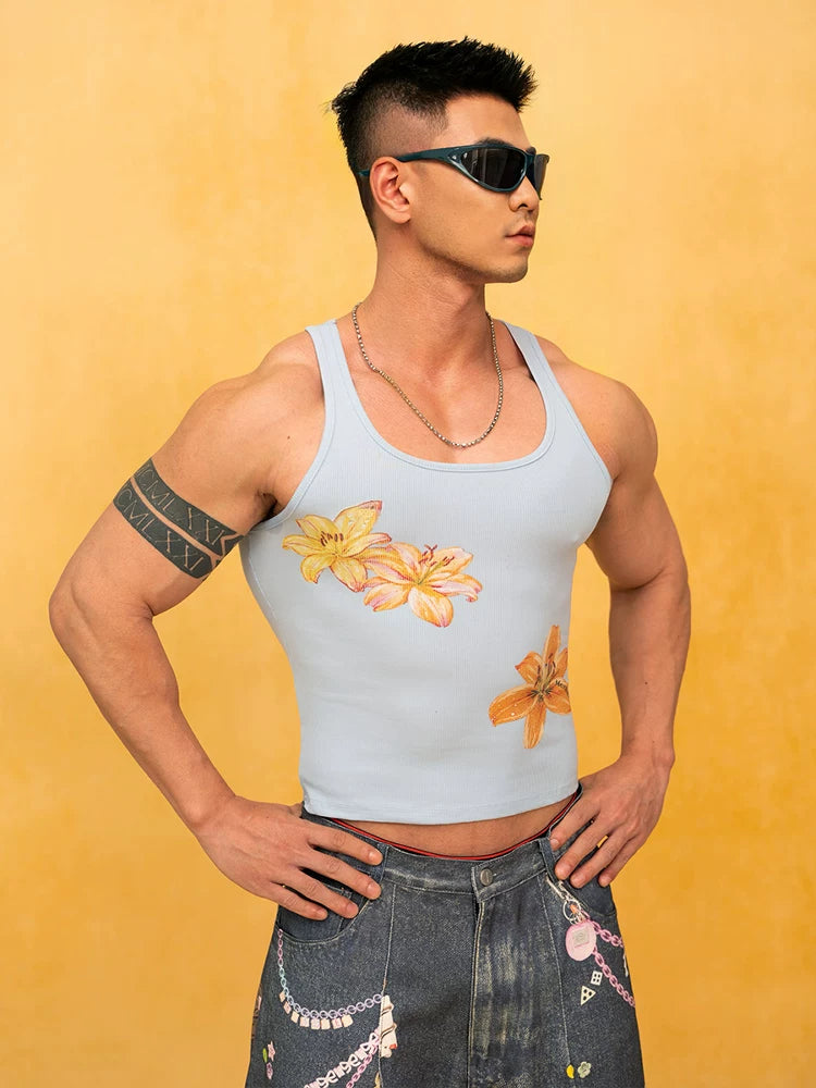 Blue White Floral Slim Crop Tank