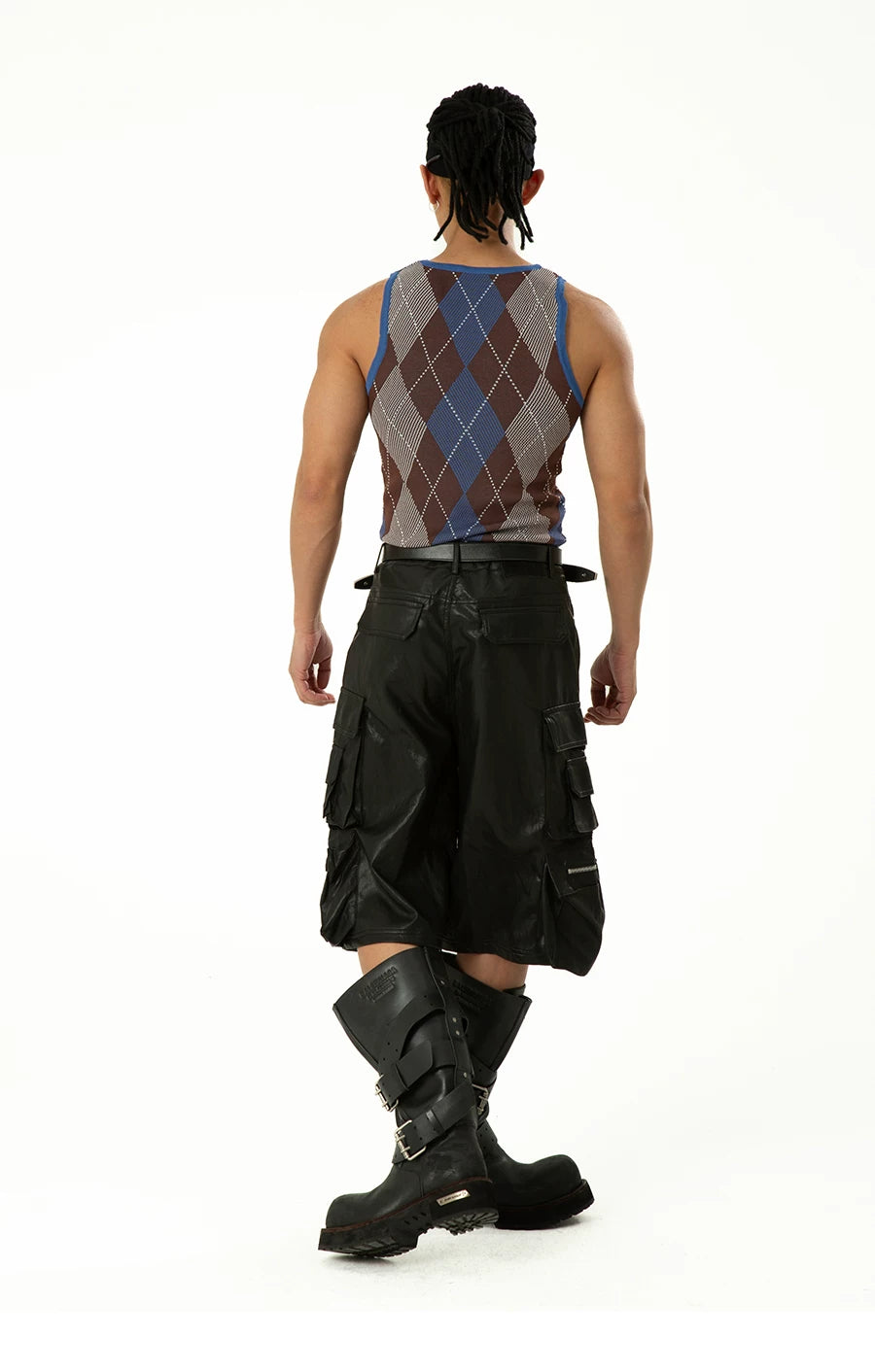 Men's Black Red PU Cargo Shorts