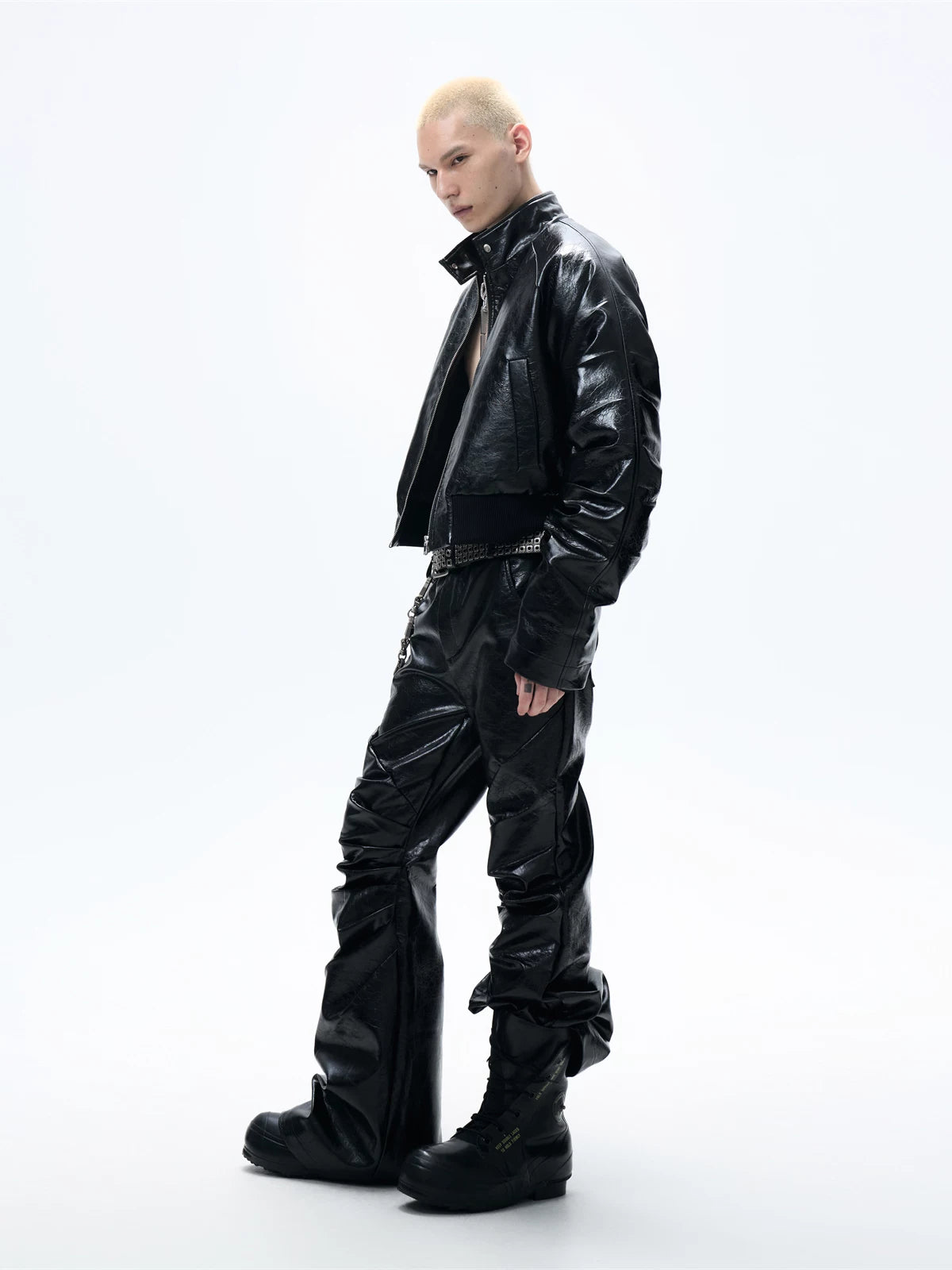 Cropped Glossy Pleated Leather Puffer Coat