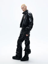 Cropped Glossy Pleated Leather Puffer Coat