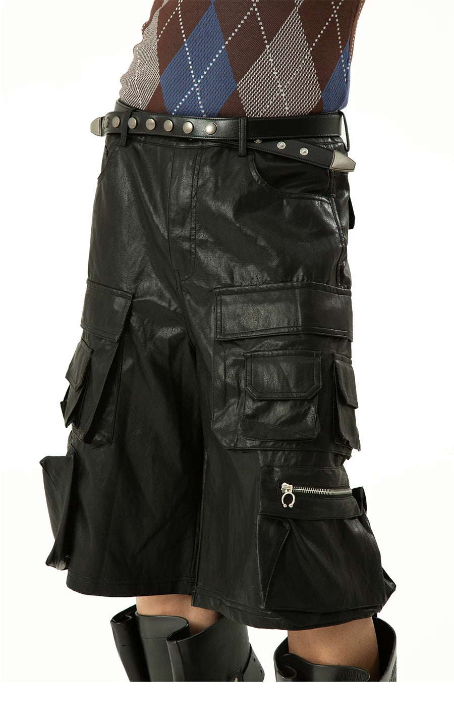 Men's Black Red PU Cargo Shorts