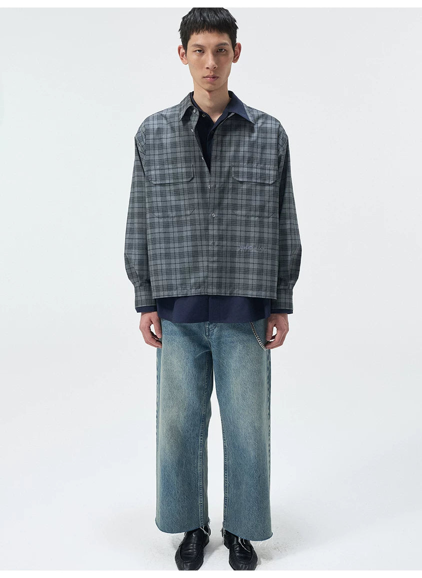Short Color Block Plaid Cargo Shirt