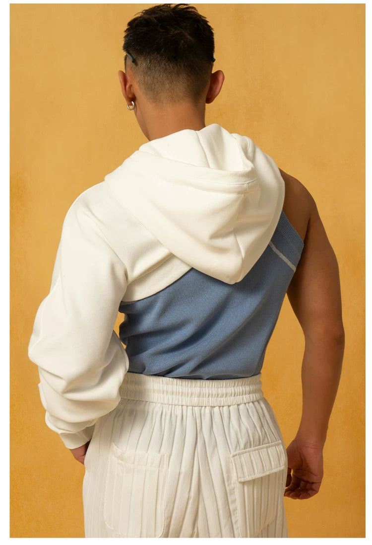 Off-White Single-sleeve Off-shoulder Loose Crop Hoodie