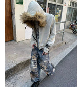 Washed Detachable Fur Zip Hoodie