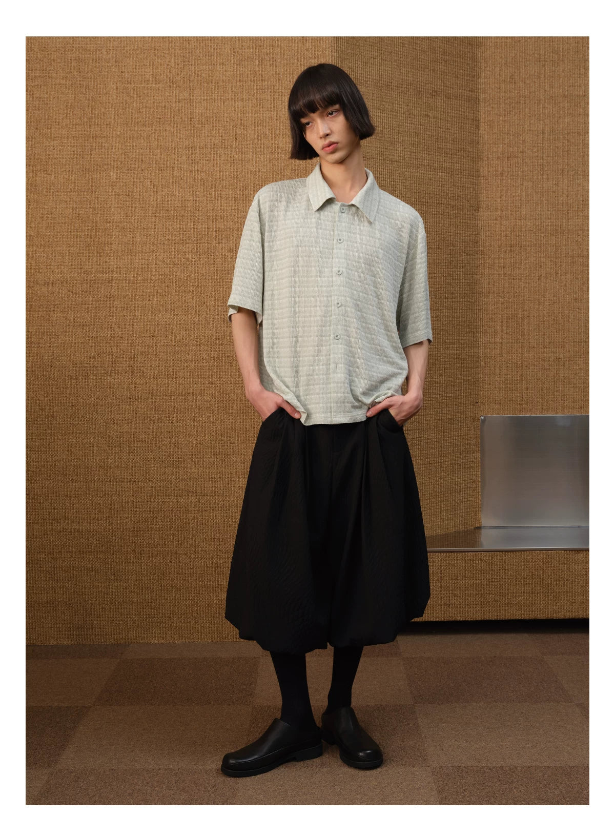 Black Pleated Leaf Jacquard Cropped Skort