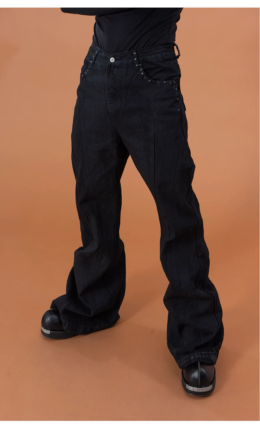 Men's Black Studded Loose Flared Jeans