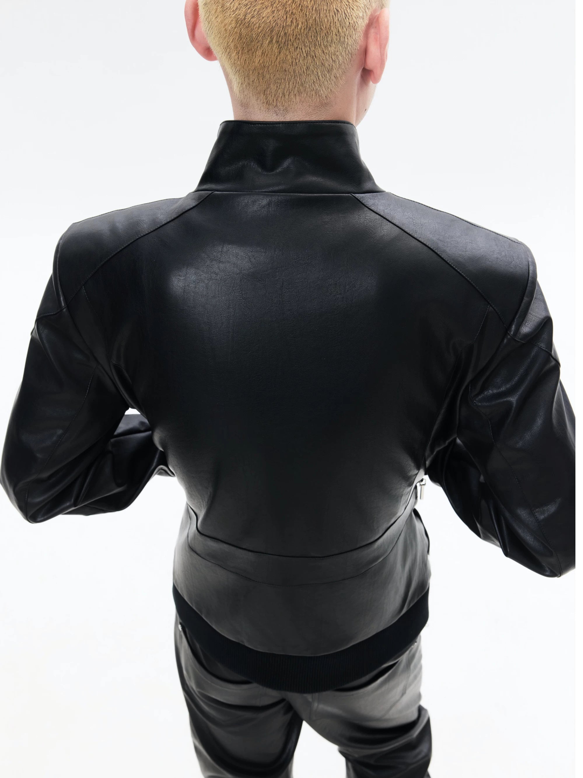 Black Slim Fit Zip-Collar Leather Jacket