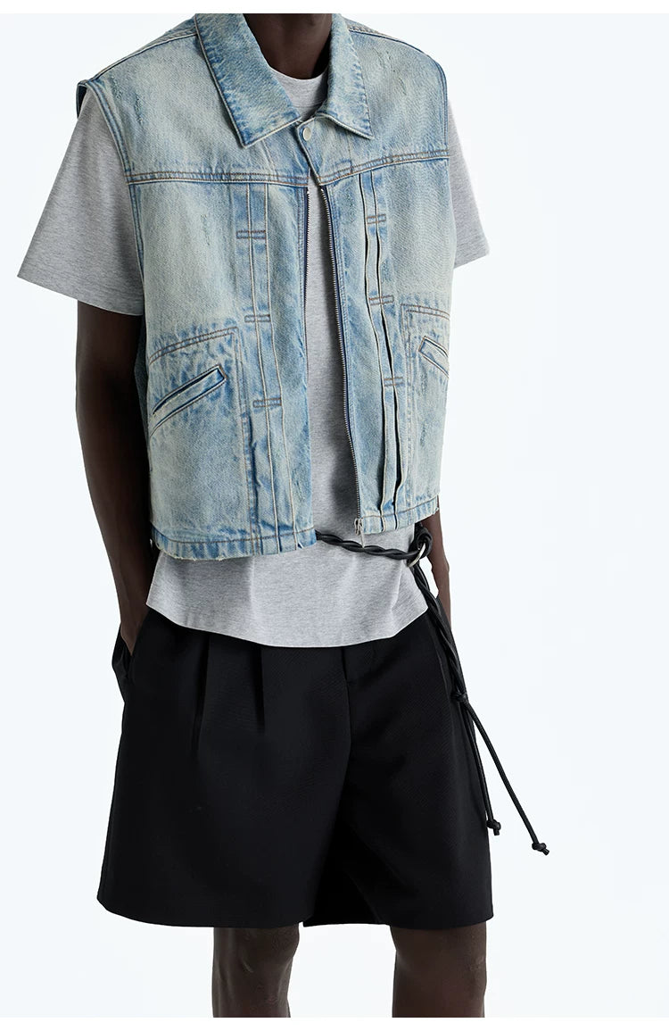 Heavy Distressed Denim Square-Collar Crop-Zip Vest