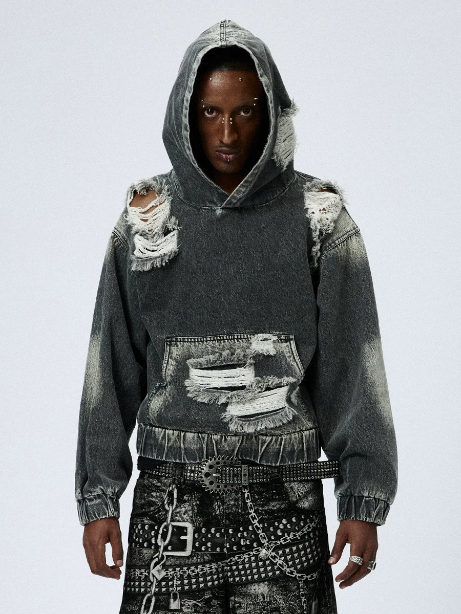 Washed Distressed Drop Shoulder Cropped Hoodie