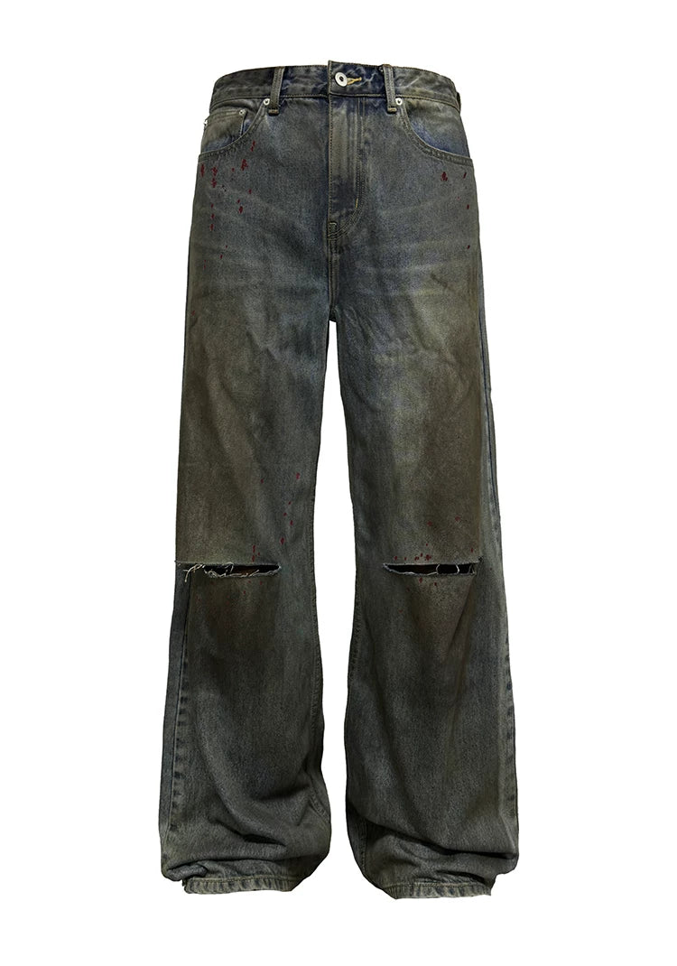 Distressed Cut Splatter Jeans
