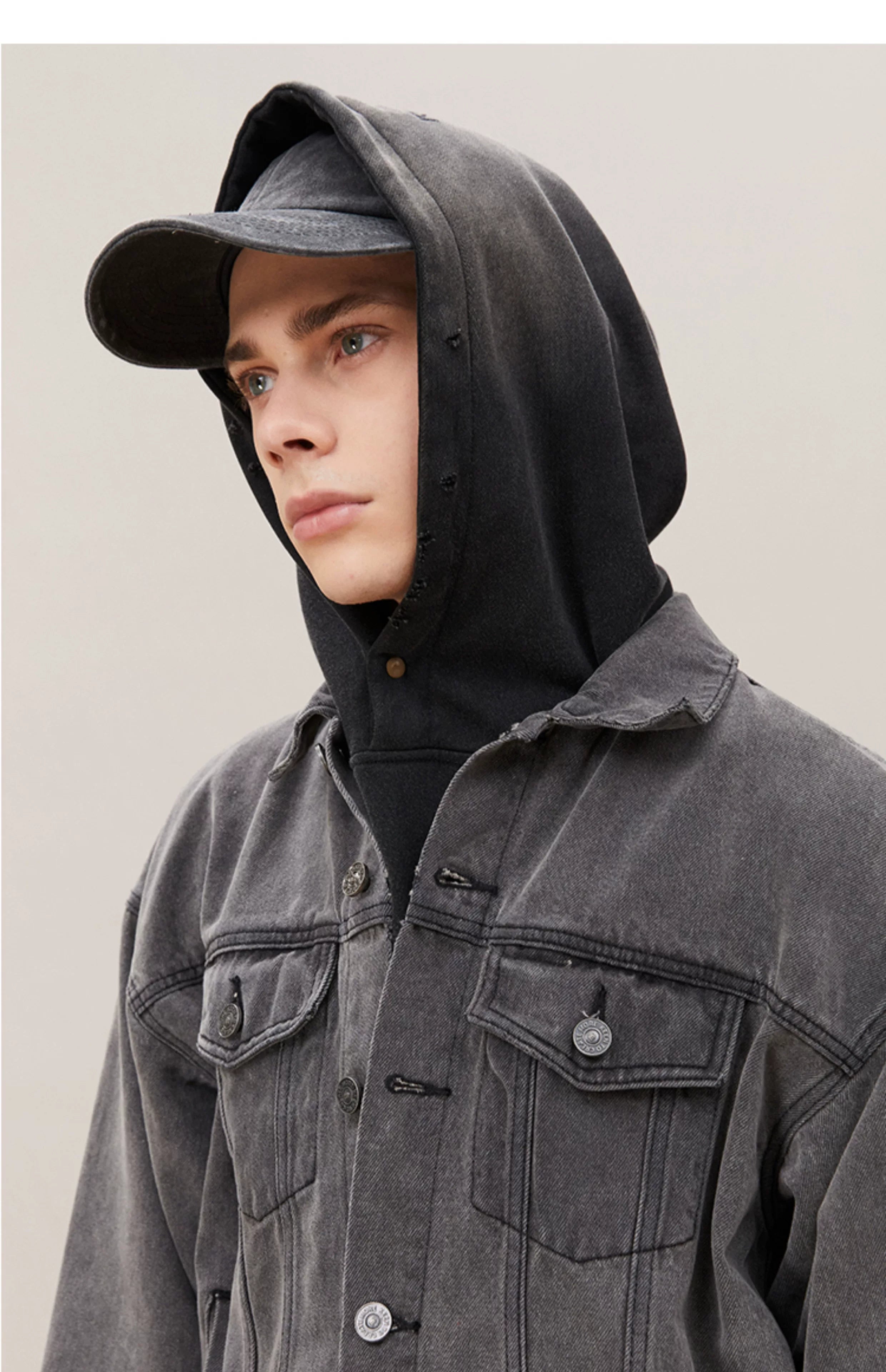 Men's Washed Frayed Collared Denim Jacket