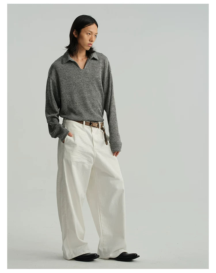 Pleated Distressed White Baggy Denim Jeans